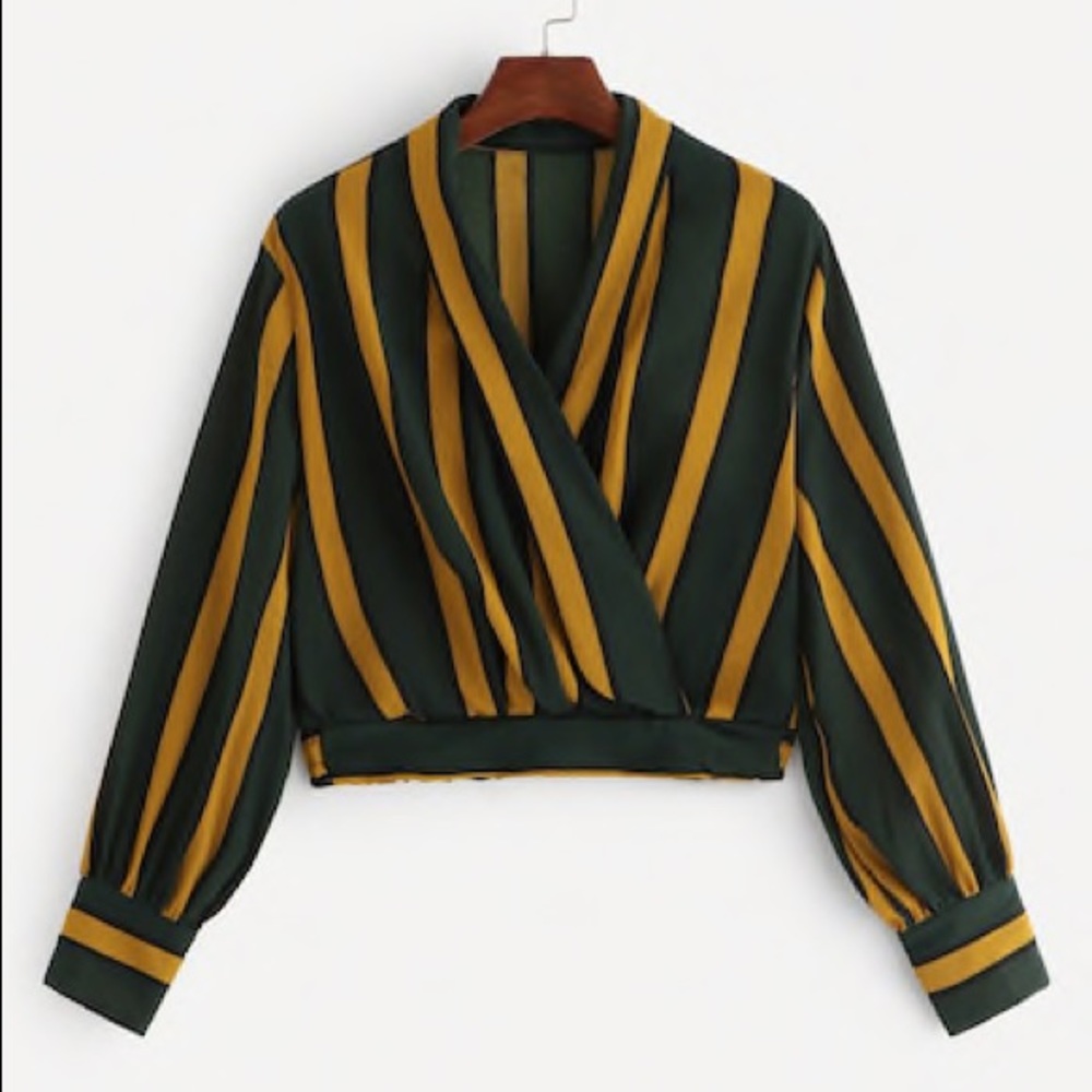 Green/Yellor long sleeve crop top; stripes